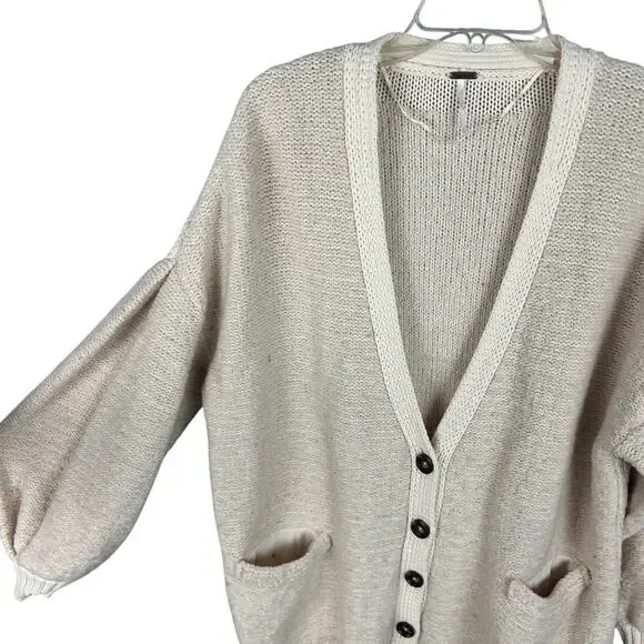 Free People Oversized Cream Chunky Button Front Cardigan Peasant Sleeve L - Picture 5 of 9